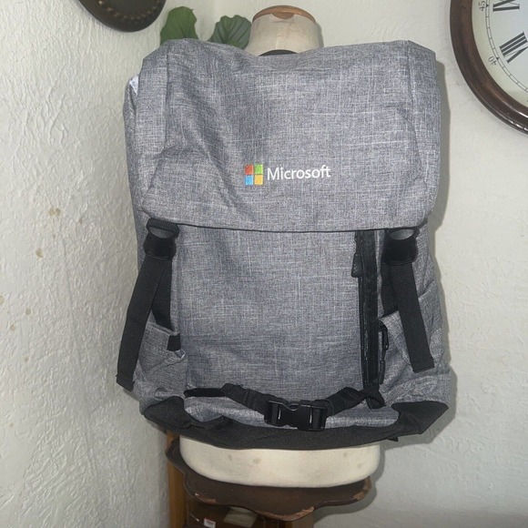 Microsoft Logo Computer Top Loader Buckle Flap Backpack Book Bag Pack Gray